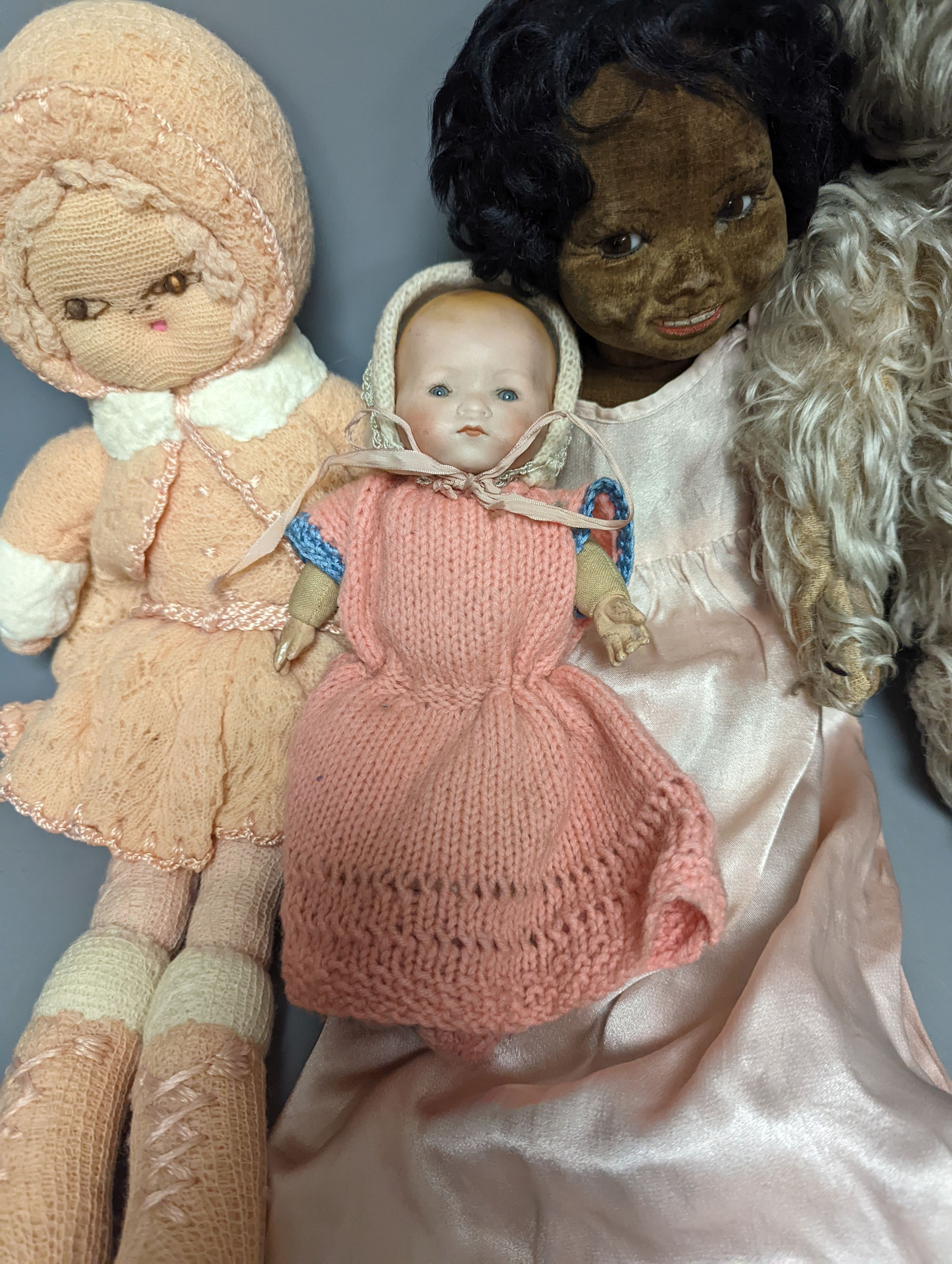 A Nora Wellings type mulatto doll and an Armmand Marseille doll 341, teddy etc, mulatto doll 43cms high